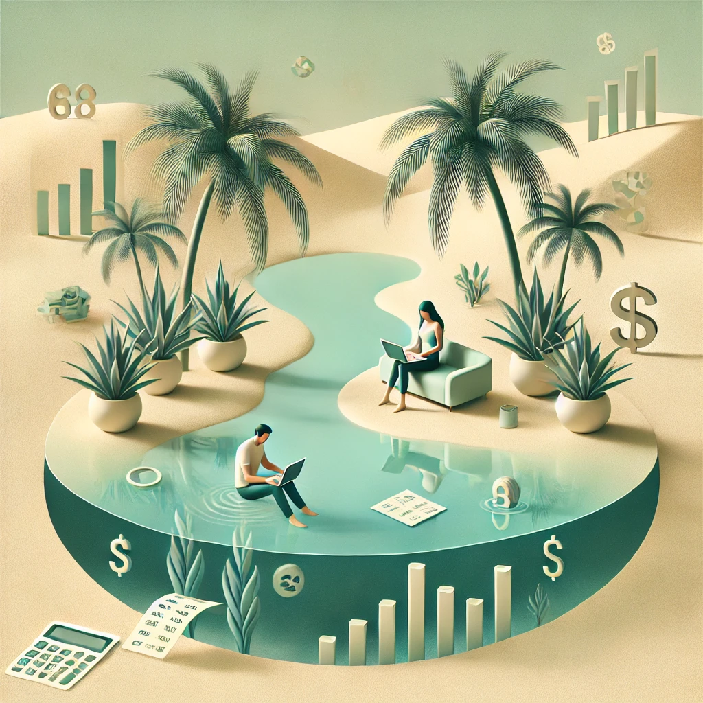 Un couple commençant à prendre le contrôle de leurs fiances. Ils sont au milieu d'un Oasis dans un désert.