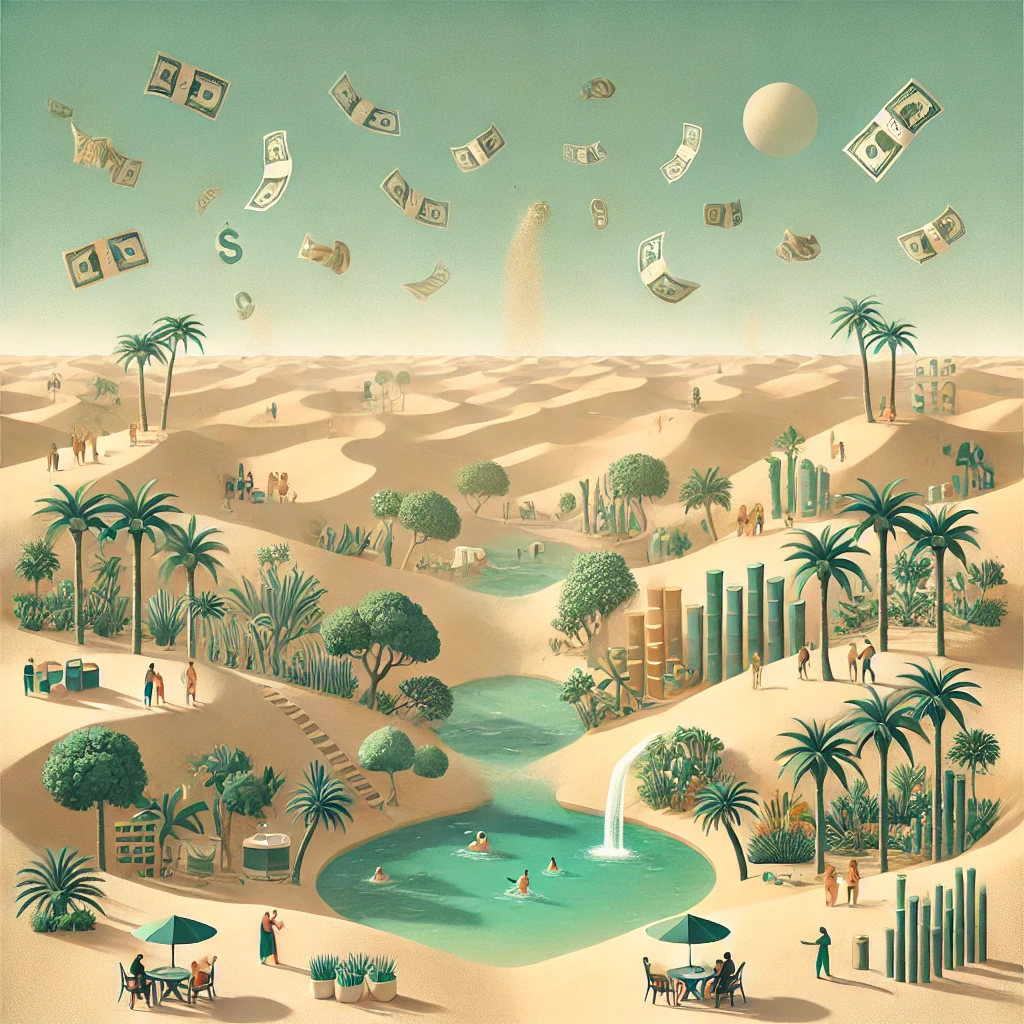 De nombreuses personnes semblent heureuses dans un grand oasis, au milieu d'un désert où il semble bon vivre.