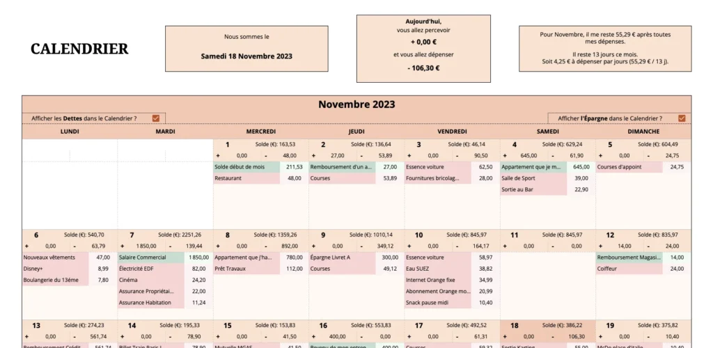 Aperçu du Calendrier automatique intégré au Budget Mensuel Classique d'Organised Oasis