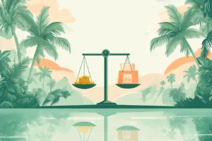 Illustration d'une balance symbolisant l'équilibre entre l'argent (pièces) et les dépenses (sac de shopping et factures), sur un fond tropical.