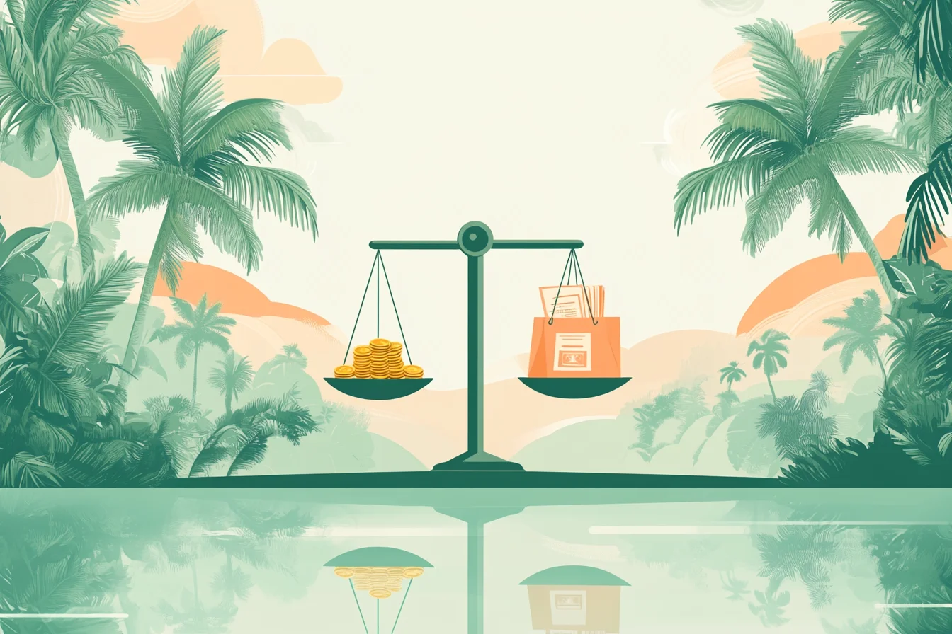 Illustration d'une balance symbolisant l'équilibre entre l'argent (pièces) et les dépenses (sac de shopping et factures), sur un fond tropical.