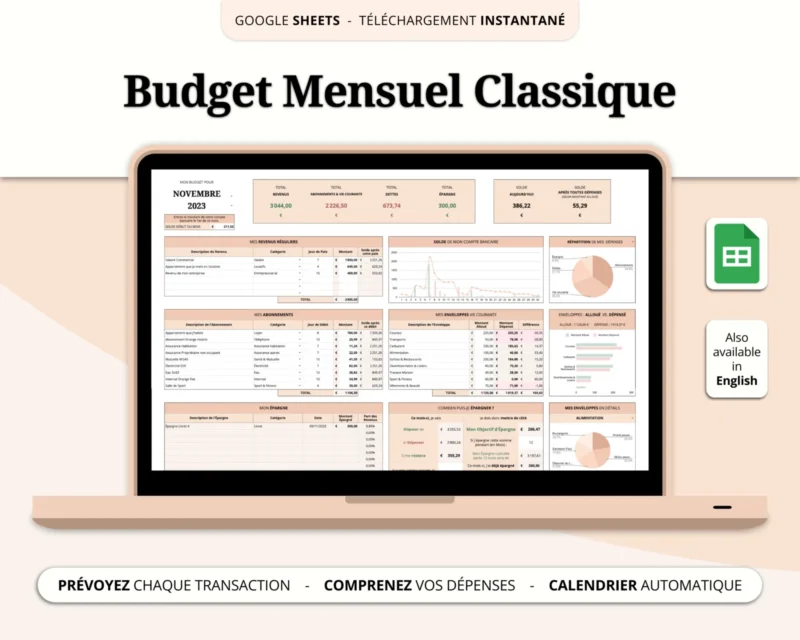 Aperçu du modèle de Budget Mensuel Classique sur Google Sheets