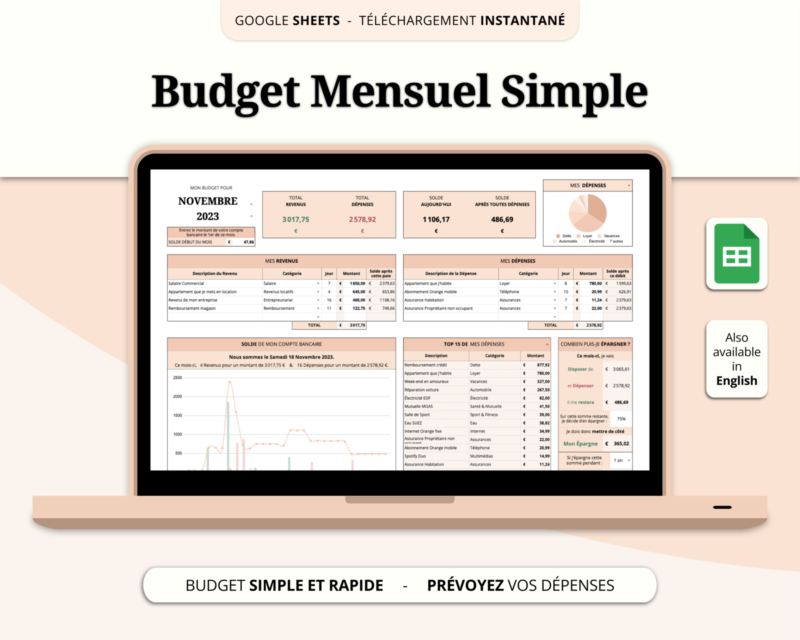Aperçu du modèle de Budget Mensuel Simple sur Google Sheets