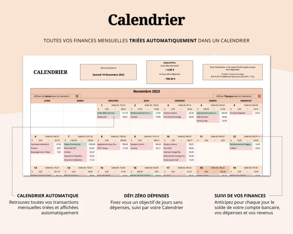 Aperçu de la page Calendrier du Budget Mensuel Classique