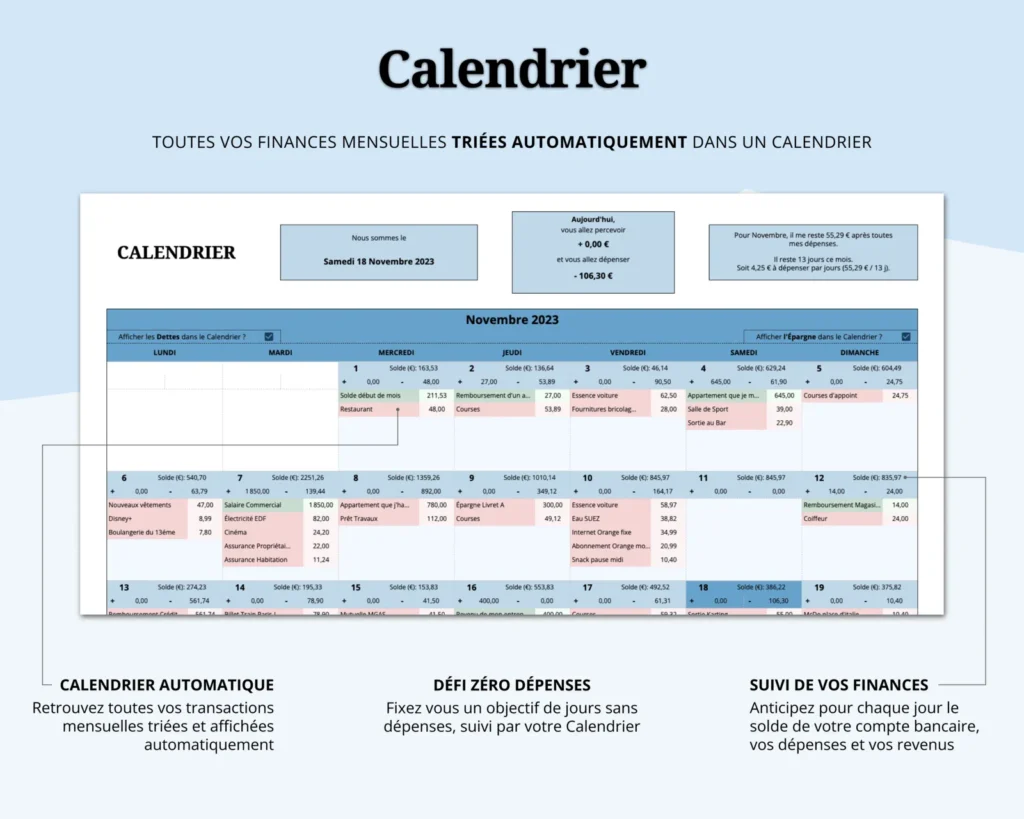 Aperçu de la page Calendrier du Budget Mensuel Classique
