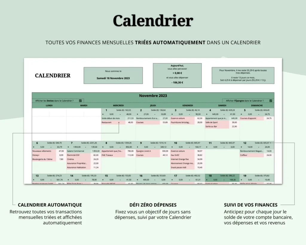 Aperçu de la page Calendrier du Budget Mensuel Classique