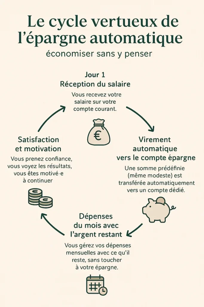 Infographie illustrant le cycle vertueux de l’épargne automatique : réception du salaire, virement automatique vers l’épargne, dépenses avec le reste, puis motivation. Elle illustre une méthode d'épargne efficace pour une bonne gestion de budget.