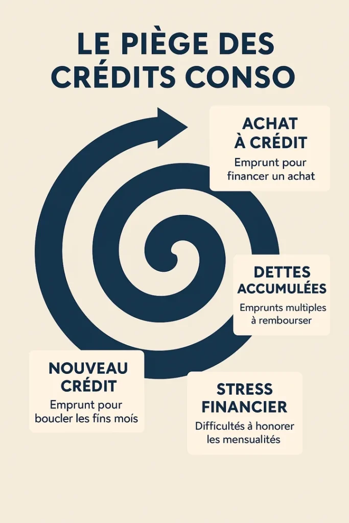 Infographie montrant le piège des crédits à la consommation : achat à crédit, dettes accumulées, stress financier et nouveau crédit pour finir le mois. Elle illustre l'importance d'éviter ce piège pour avoir une bonne gestion de budget