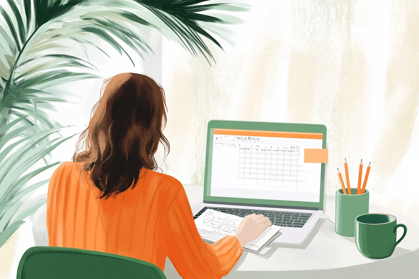 Illustration d'une personne travaillant sur un budget mensuel via un tableur, dans une ambiance lumineuse et naturelle.