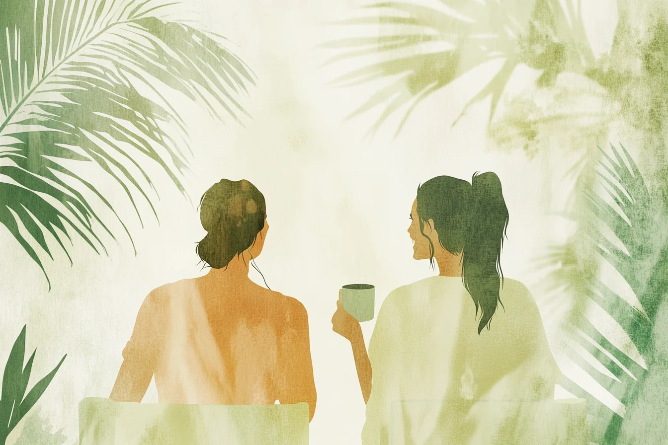 Illustration de deux personnes détendues, partageant un moment de calme avec une tasse de café, symbolisant la sérénité financière obtenue grâce au suivi des dépenses.