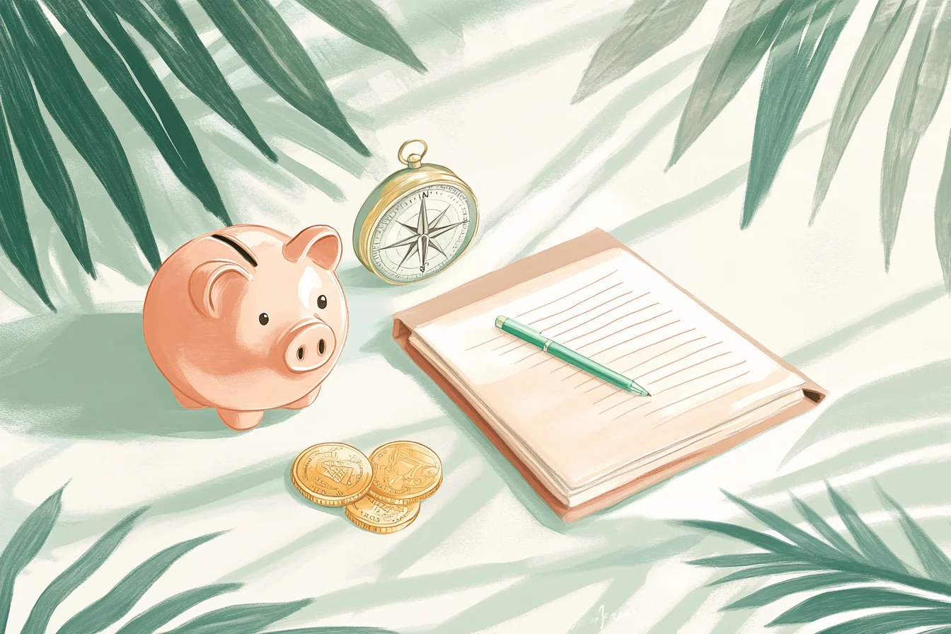 Illustration symbolique de l'optimisation d’un petit budget avec une tirelire rose, un carnet de notes, une boussole et des pièces, entourés de feuillage tropical rappelant la sérénité.