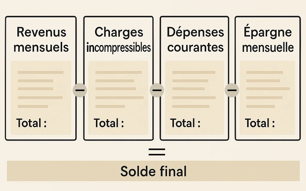 Infographie budgétaire mensuelle en français montrant le calcul du solde final à partir des revenus mensuels, charges fixes, dépenses courantes et épargne mensuelle. Outil visuel pour mieux gérer son budget personnel et anticiper son solde bancaire.