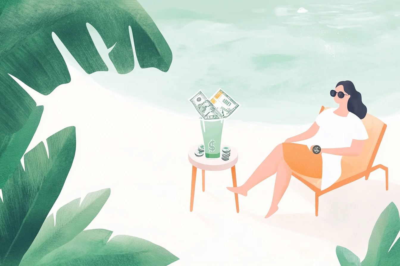Illustration d'une femme assise de manière sereine devant un cocktail de billets et de pièces, symbolisant l'épargne automatique sans y penser.