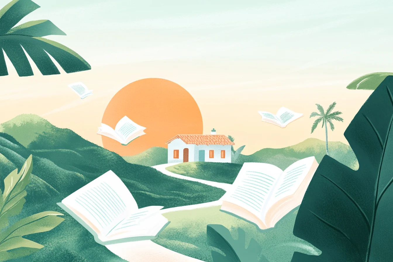 Illustration poétique d’une maison au lever du soleil entourée de livres flottants, symbolisant la liberté financière grâce à la lecture.